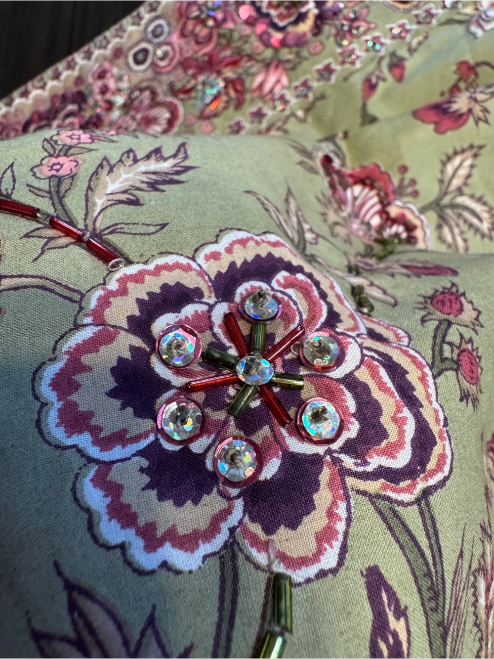 Chaudry KC Sample Embellished Floral Midi Skirt Olive Pink Beaded Boho Small NWT - Picture 7 of 14